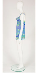 1960s Blue Printed Nylon Mini Slip Dress