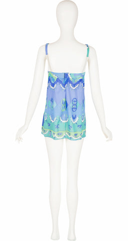 1960s Blue Printed Nylon Mini Slip Dress