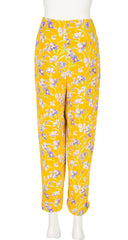 1990s Iris Print Yellow Silk Crepe Straight Leg Trousers