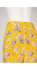 1990s Iris Print Yellow Silk Crepe Straight Leg Trousers