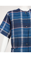 1980s Blue Plaid Linen Short Sleeve Top