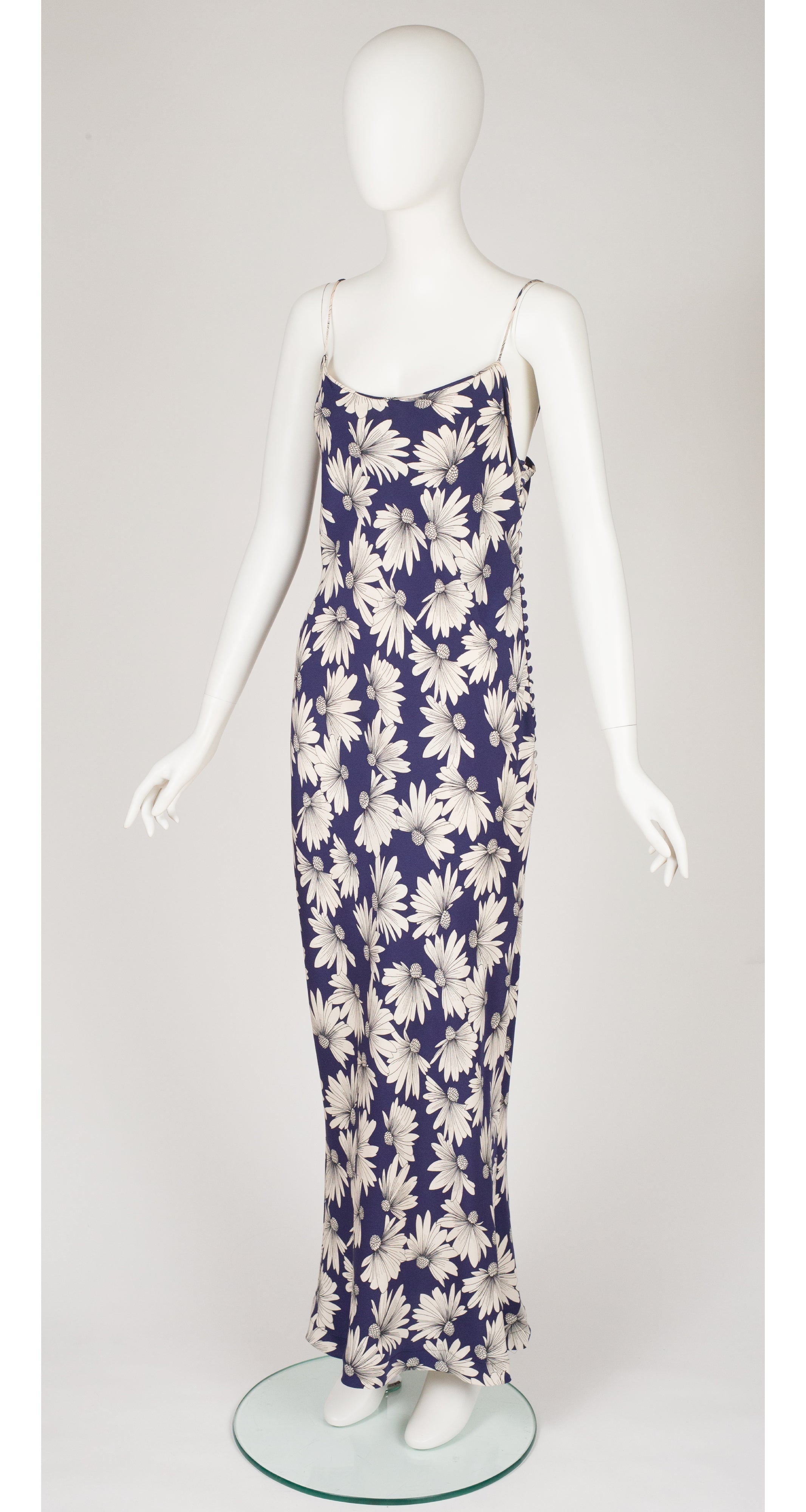 1998 Resort Daisy Print Blue Silk Crepe Bias Cut Dress