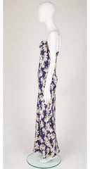1998 Resort Daisy Print Blue Silk Crepe Bias Cut Dress