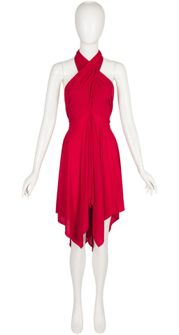 1990s Red Jersey Handkerchief Hem Convertible Dress