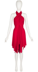 1990s Red Jersey Handkerchief Hem Convertible Dress