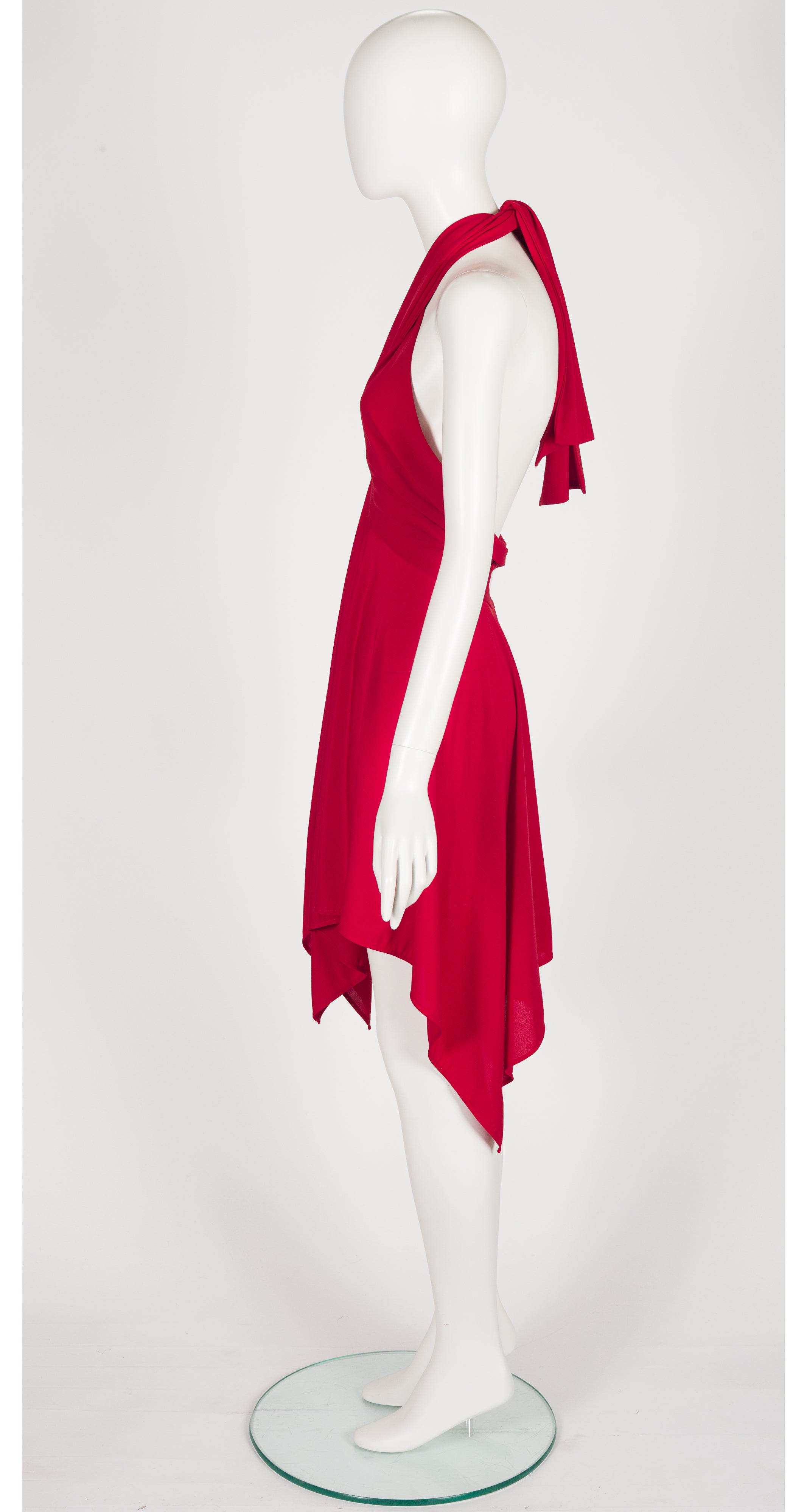 1990s Red Jersey Handkerchief Hem Convertible Dress