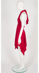 1990s Red Jersey Handkerchief Hem Convertible Dress
