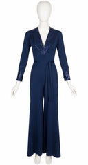 1970s Sequin Blue Jersey Plunge Neck Palazzo Jumpsuit