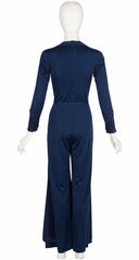 1970s Sequin Blue Jersey Plunge Neck Palazzo Jumpsuit