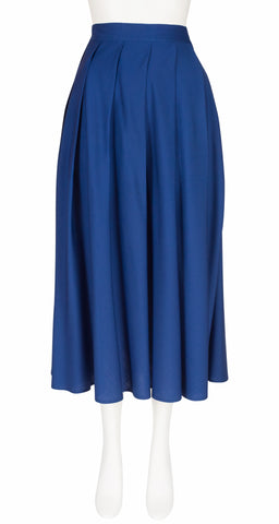 1980s Blue Wool Diagonal Pleat Midi Skirt