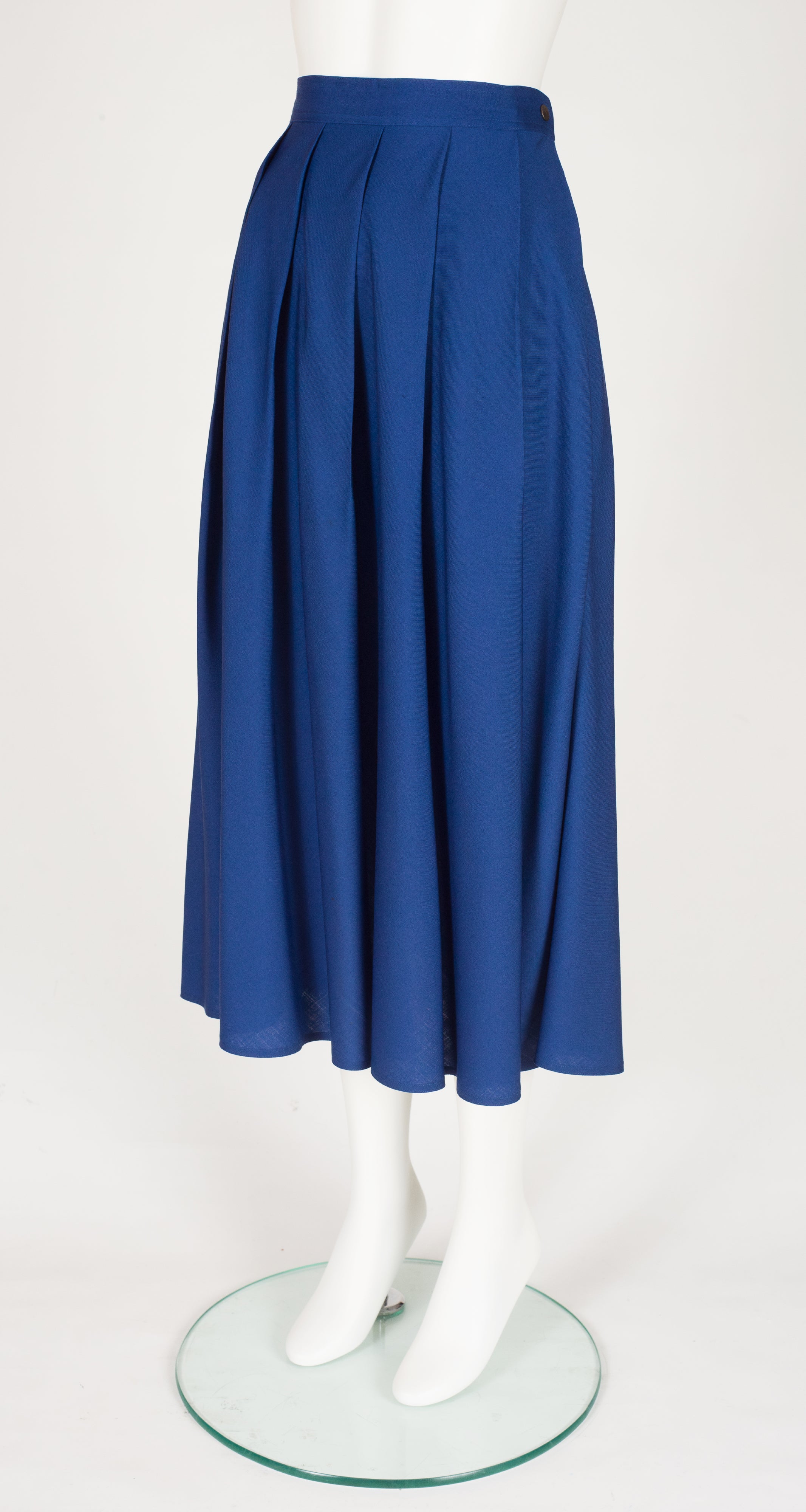 1980s Blue Wool Diagonal Pleat Midi Skirt