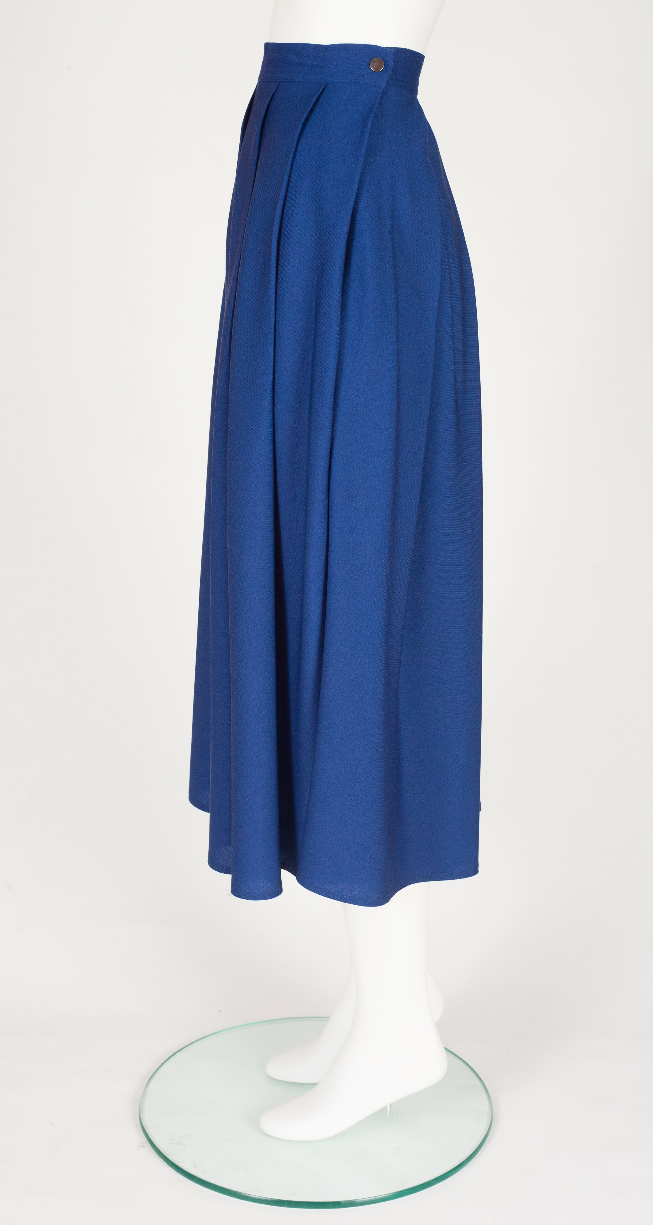 1980s Blue Wool Diagonal Pleat Midi Skirt