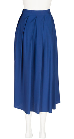 1980s Blue Wool Diagonal Pleat Midi Skirt