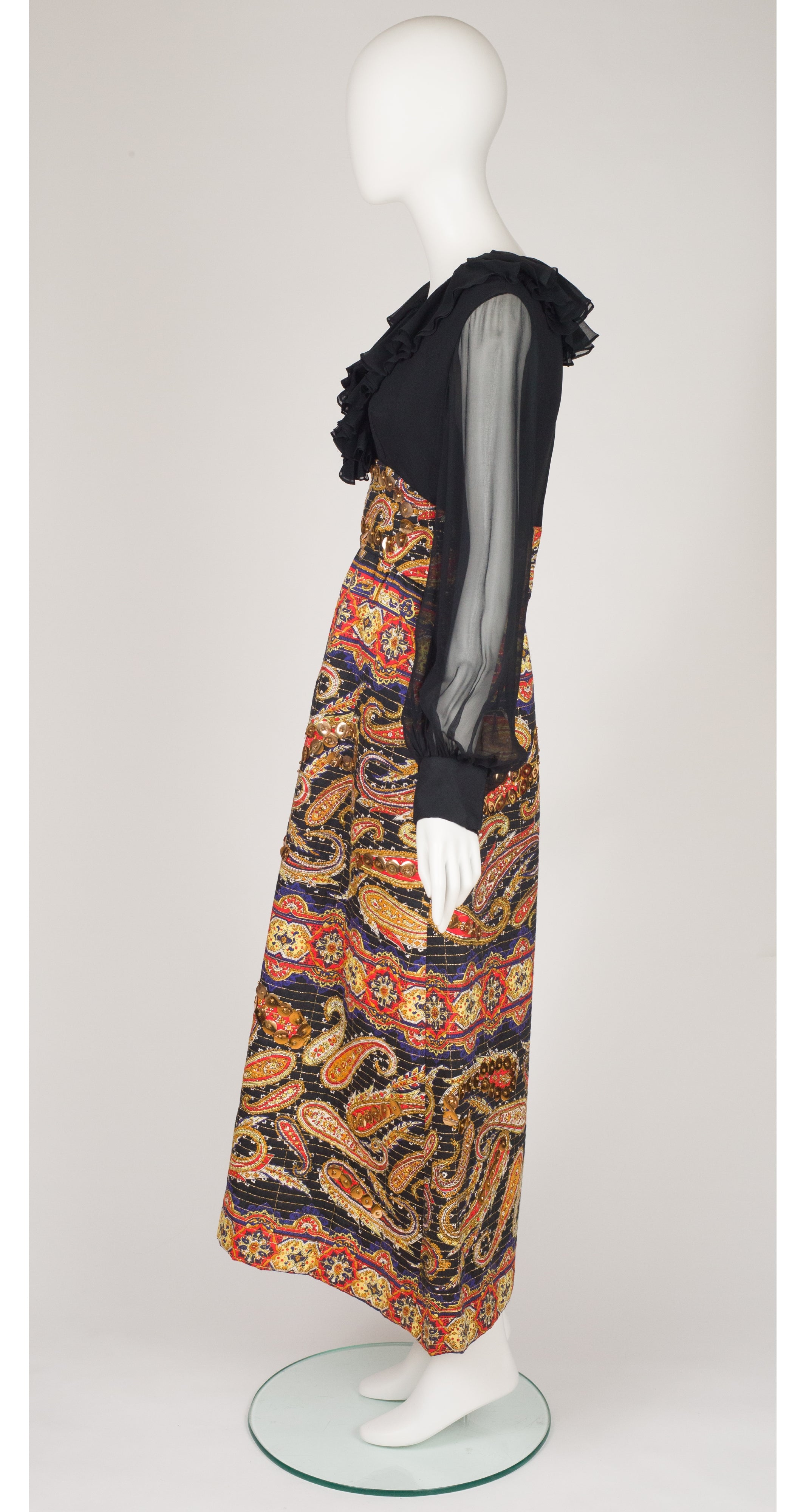 1970s Black Chiffon & Quilted Paisley Gown