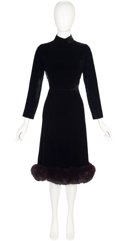 1960s Black Velvet Fur Trim Evening Dress