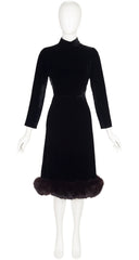 1960s Black Velvet Fur Trim Evening Dress