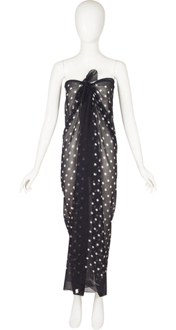 1990s 52" Polka Dot Black Silk Chiffon Shawl