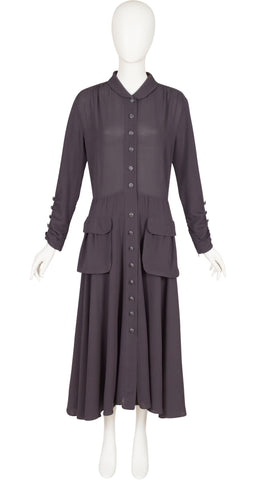 1980s Gray Wool Crepe Button-Up Dress