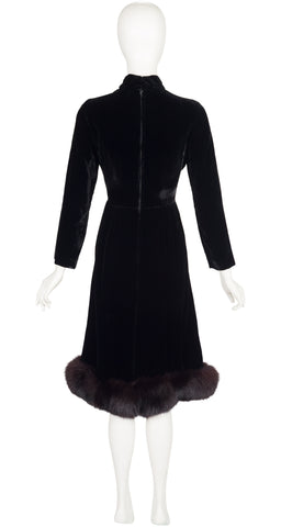 1960s Black Velvet Fur Trim Evening Dress