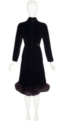 1960s Black Velvet Fur Trim Evening Dress