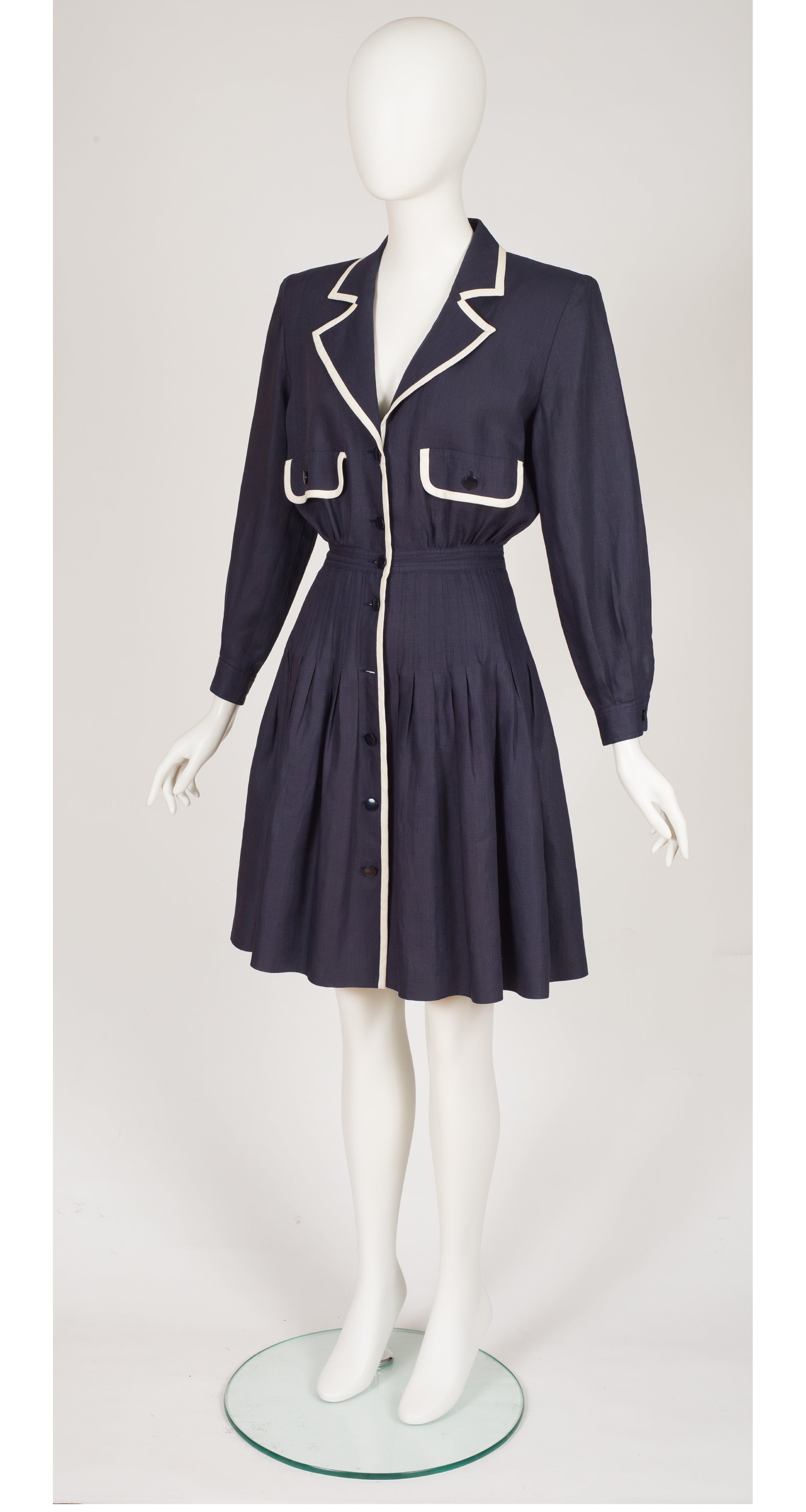 1990s Navy Blue Linen Collared Dress
