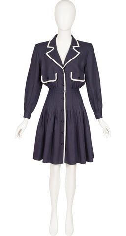 1990s Navy Blue Linen Collared Dress