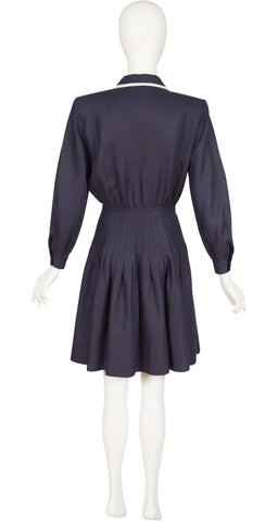 1990s Navy Blue Linen Collared Dress