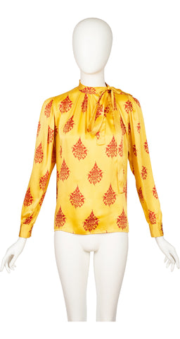1970s Yellow & Red Silk Tie-Neck Long Sleeve Blouse
