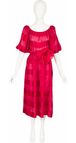 1980s Fuchsia Ribbon Silk Chiffon Puff Sleeve Dress