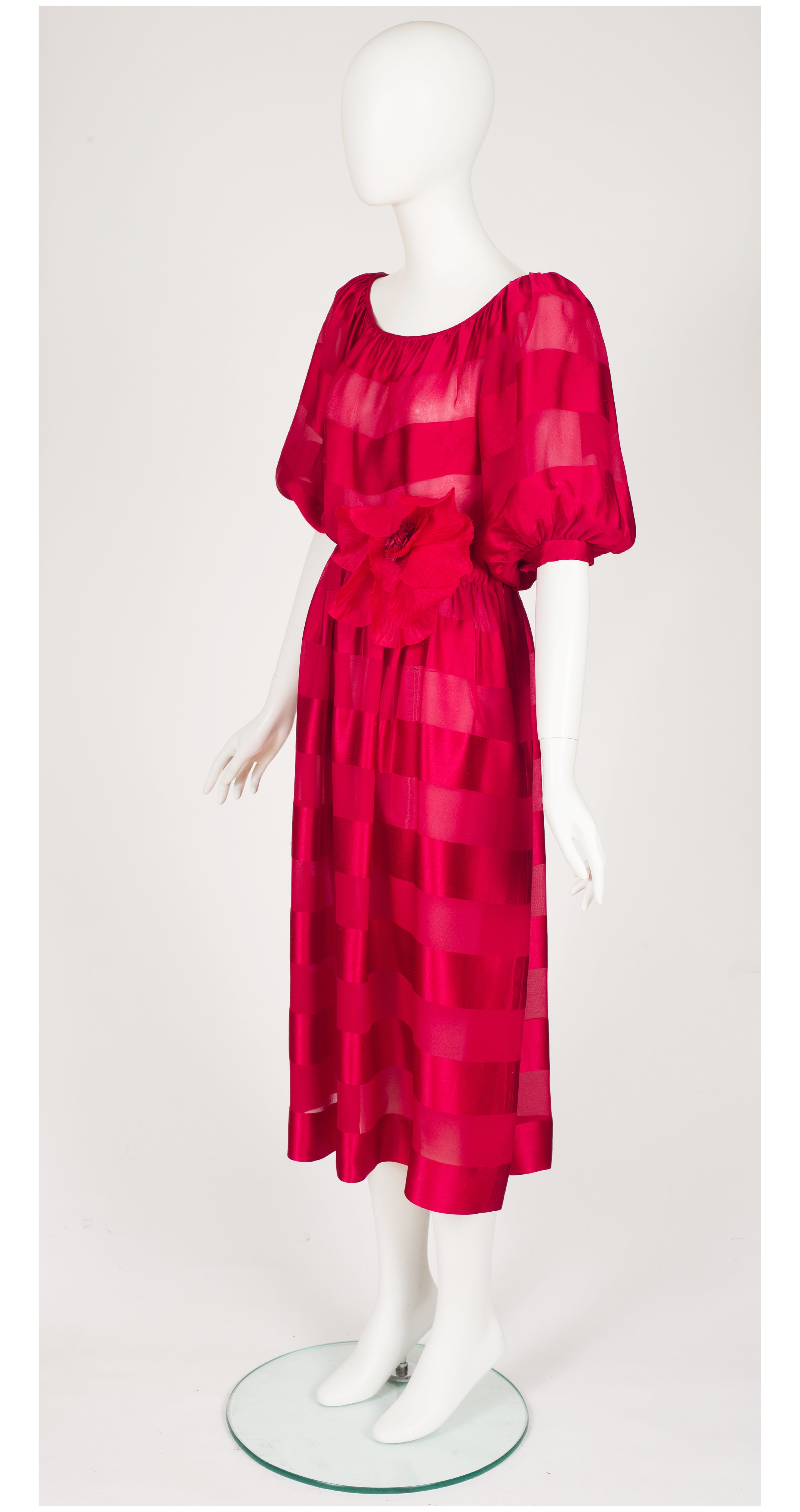 1980s Fuchsia Ribbon Silk Chiffon Puff Sleeve Dress