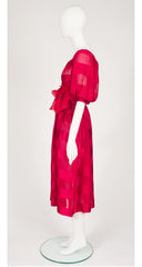 1980s Fuchsia Ribbon Silk Chiffon Puff Sleeve Dress