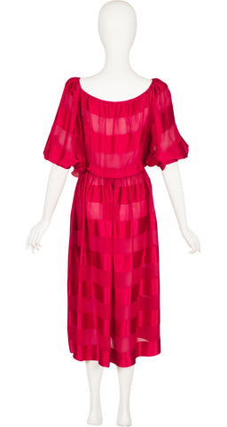 1980s Fuchsia Ribbon Silk Chiffon Puff Sleeve Dress
