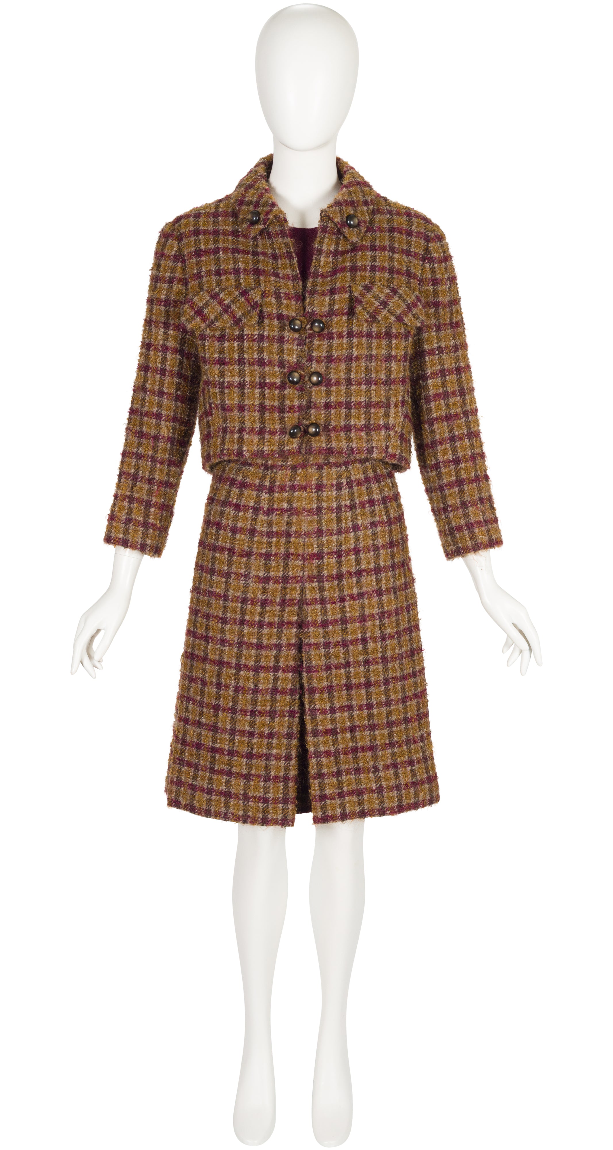 1960s Demi-Couture Plaid Bouclé Wool Dress & Jacket Set