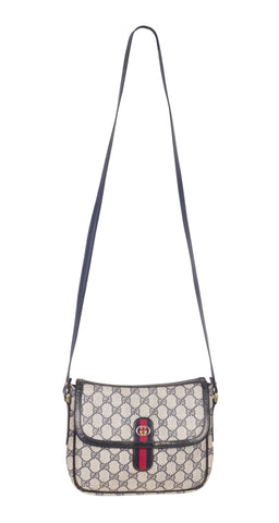 1970s Ophidia GG Canvas Navy Leather Crossbody Bag