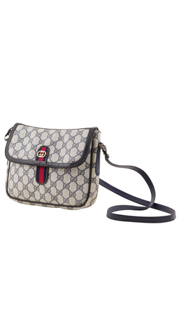 1970s Ophidia GG Canvas Navy Leather Crossbody Bag