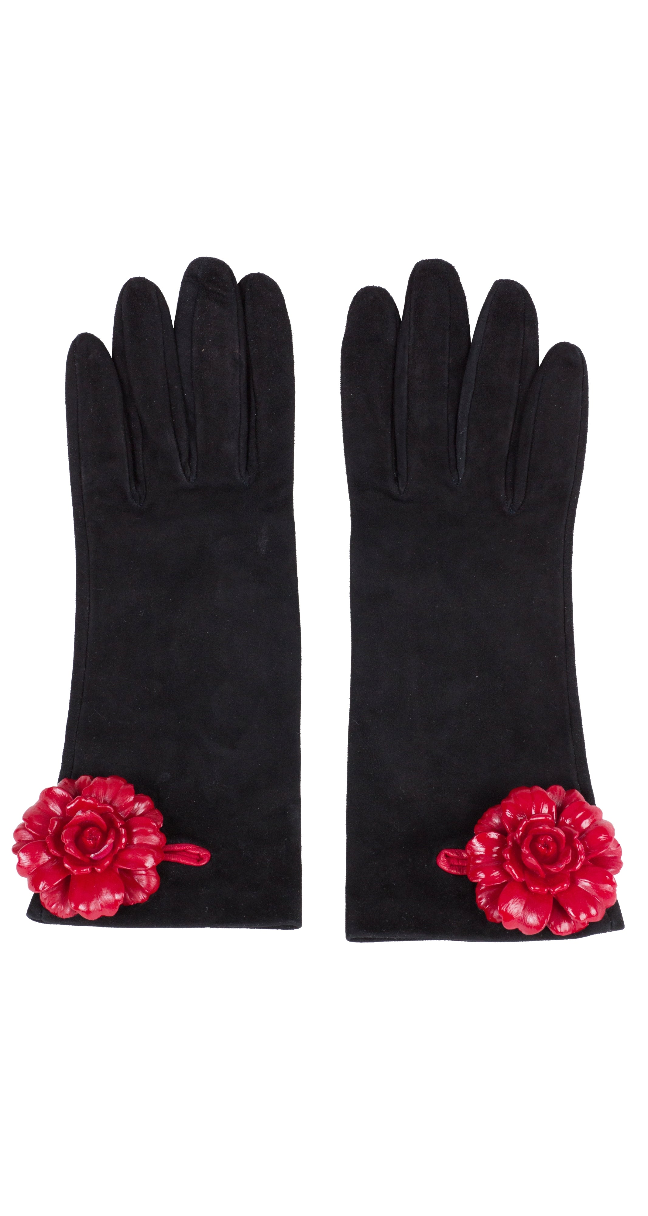 1990s Red Plastic Flower Black Suede Gloves