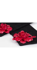 1990s Red Plastic Flower Black Suede Gloves