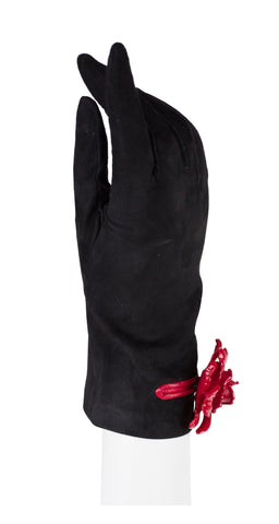 1990s Red Plastic Flower Black Suede Gloves