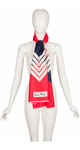 Nina Ricci 1960s Chevron Red & Navy Silk Twill Long Scarf
