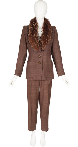 1990s Silk & Linen Brown Fur Collared Pant Suit
