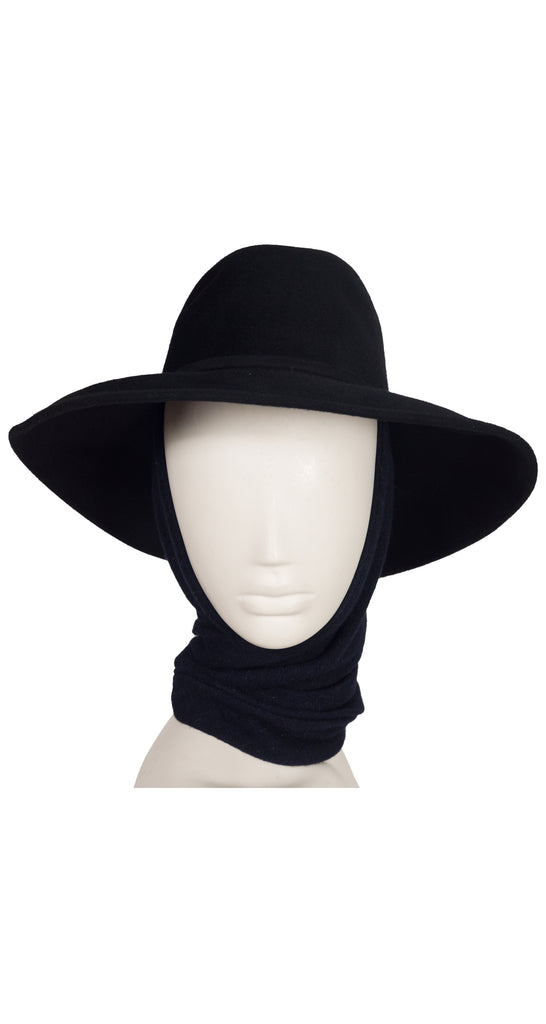 Adolfo 1970s Black Wool Felt Wide Brim Scarf Hat  display picture 2