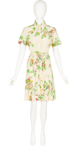 1970s Parrot Novelty Print Pleated Shirt Dress