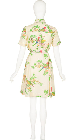 1970s Parrot Novelty Print Pleated Shirt Dress