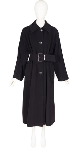 1980s Black Wool Belted Long Coat
