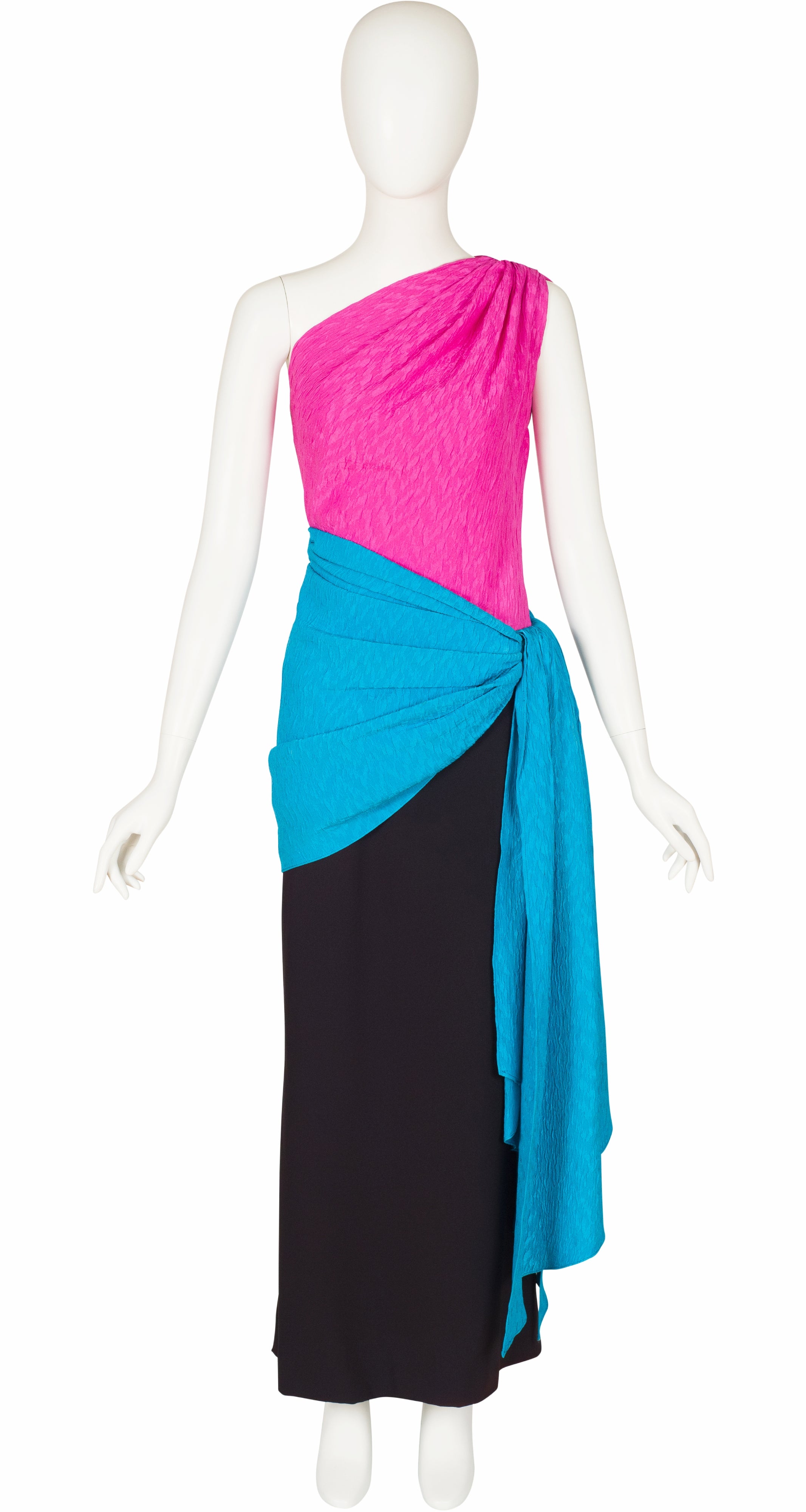 1985 S/S Color-Block Silk One-Shoulder Evening Gown