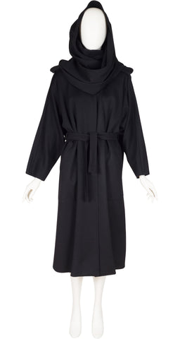 1970s Black Wool Built-In Scarf Coat