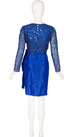 1980s Blue Sequin & Silk Taffeta Bow Cocktail Dress