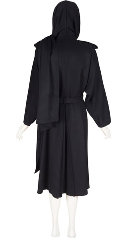 1970s Black Wool Built-In Scarf Coat