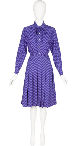 1980s Chevron Purple Wool Challis Blouse & Pleated Skirt Set