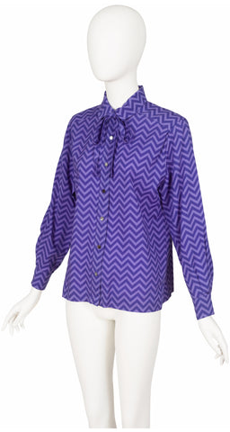 1980s Chevron Purple Wool Challis Blouse & Pleated Skirt Set